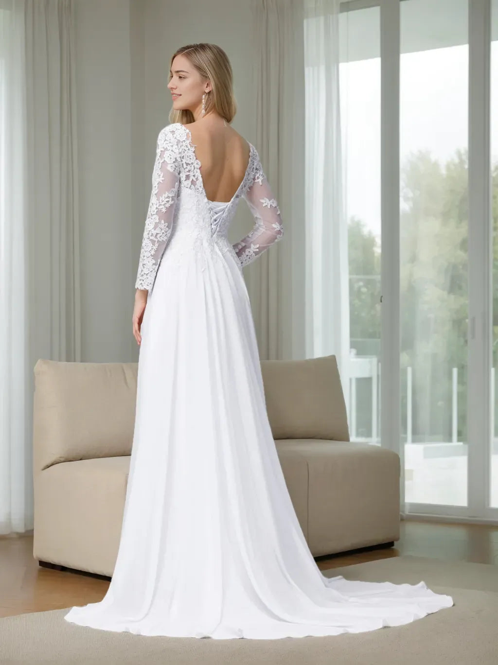 V-Neck Long Sleeves Floor Length Appliques Wedding Dress