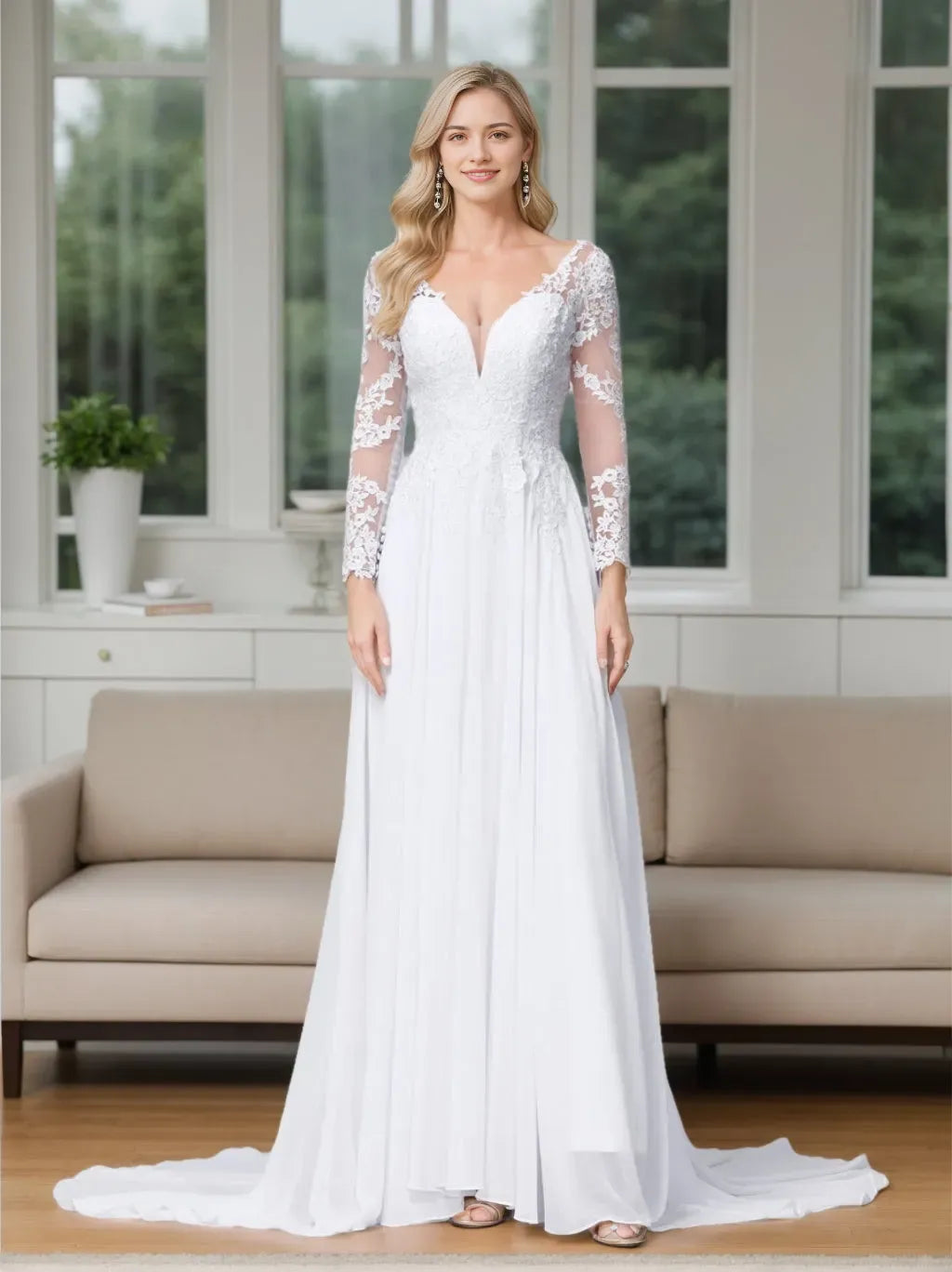 V-Neck Long Sleeves Floor Length Appliques Wedding Dress