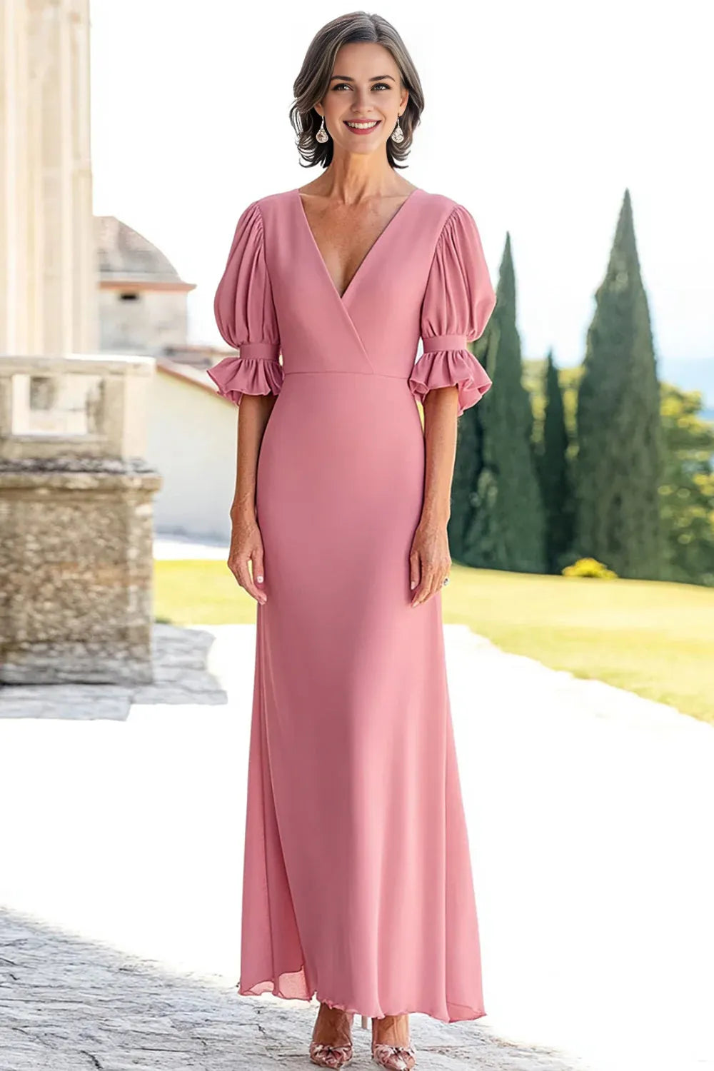 V-Neck Pink A Line Chiffon Long Mother of the Bride Dress with Sleeves