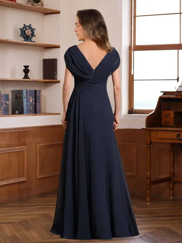 V-Neck Ruched Floor-Length Pleated Mother of the Bride Groom Dresses with Jewel Appliques Sequins