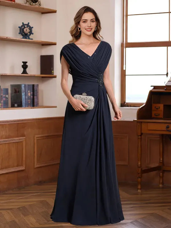 V-Neck Ruched Floor-Length Pleated Mother of the Bride Groom Dresses with Jewel Appliques Sequins
