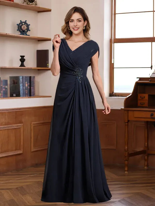 V-Neck Ruched Floor-Length Pleated Mother of the Bride Groom Dresses with Jewel Appliques Sequins