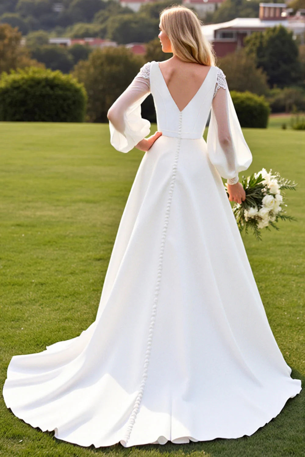 V-Neck Satin A Line Wedding Dress with Long Sleeves