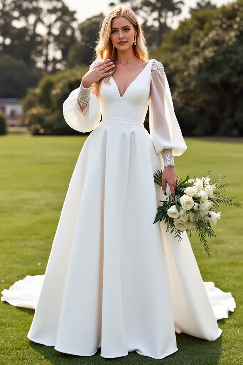 V-Neck Satin A Line Wedding Dress with Long Sleeves