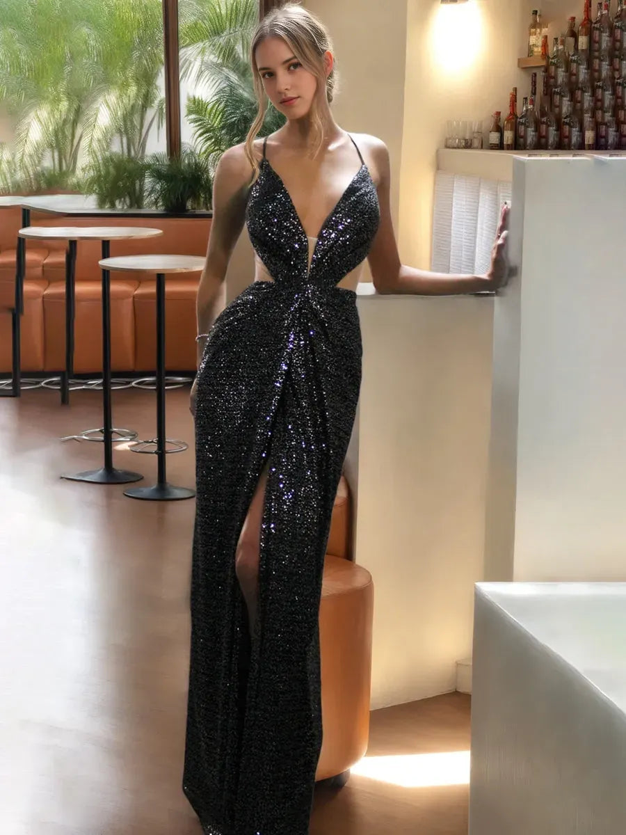 V-Neck Sexy Sequined Floor-Length Prom Dresses with High Split