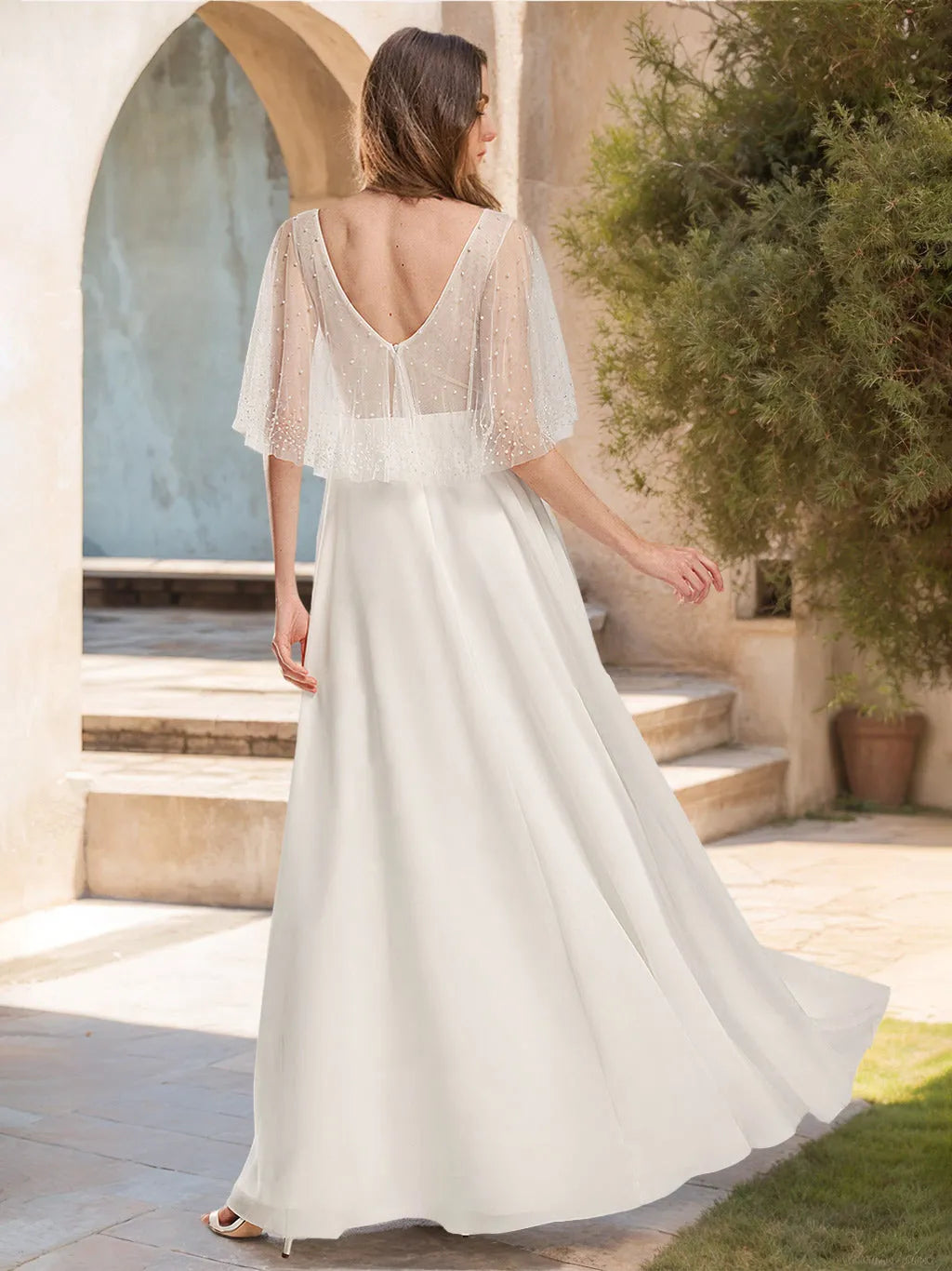 V-Neck Short Sleeves Floor-length Lace Wedding Dress with Wrap