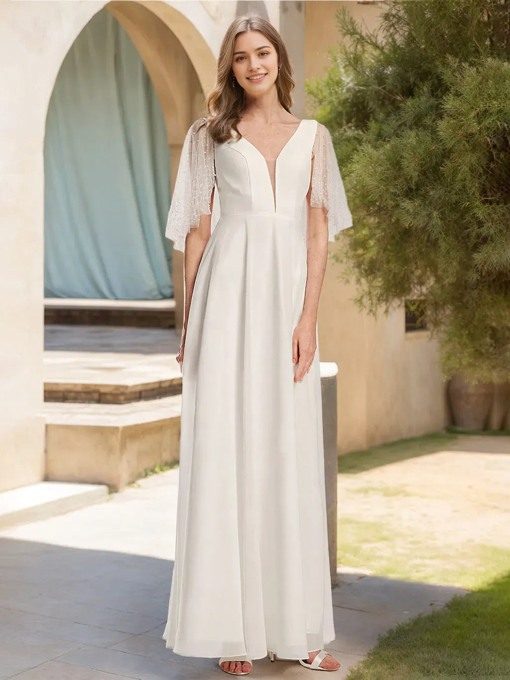 V-Neck Short Sleeves Floor-length Lace Wedding Dress with Wrap