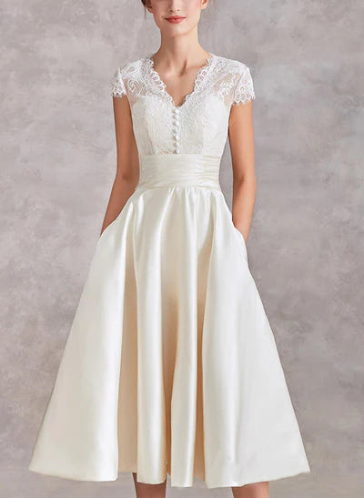 V-Neck Short Sleeves Tea-Length Satin Wedding Dresses Lace