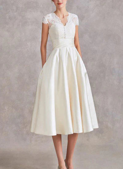 V-Neck Short Sleeves Tea-Length Satin Wedding Dresses Lace