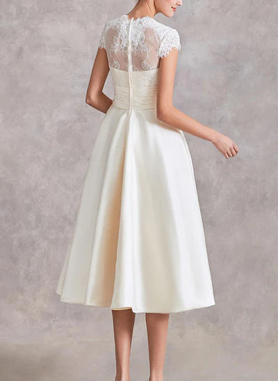 V-Neck Short Sleeves Tea-Length Satin Wedding Dresses Lace