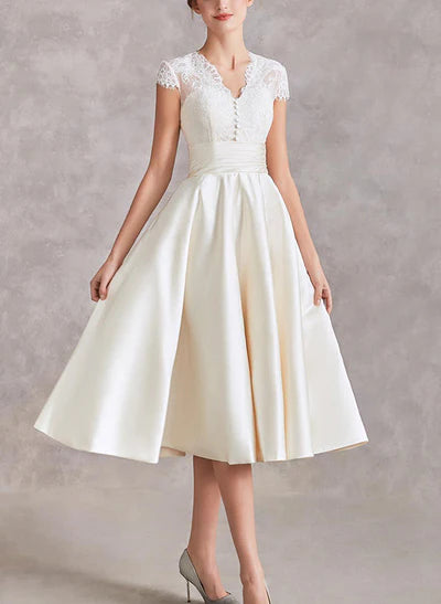 V-Neck Short Sleeves Tea-Length Satin Wedding Dresses Lace