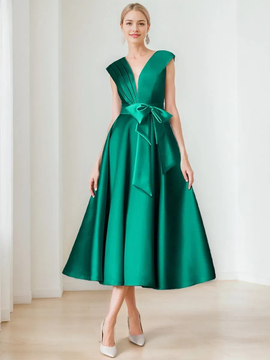 V-Neck Sleeveless Elegant Pleated Mother of the Bride Groom Dresses with Bow Belt