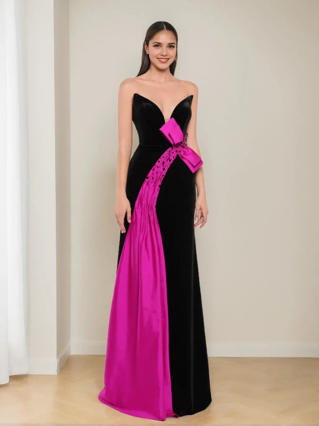 V-Neck Sleeveless Floor-Length Long Prom Evening Dresses With Bowknot