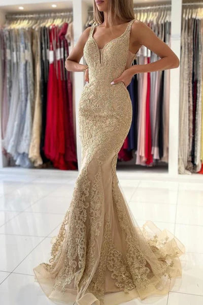 V-Neck Sleeveless Mermaid Evening Dress With Gold Appliques