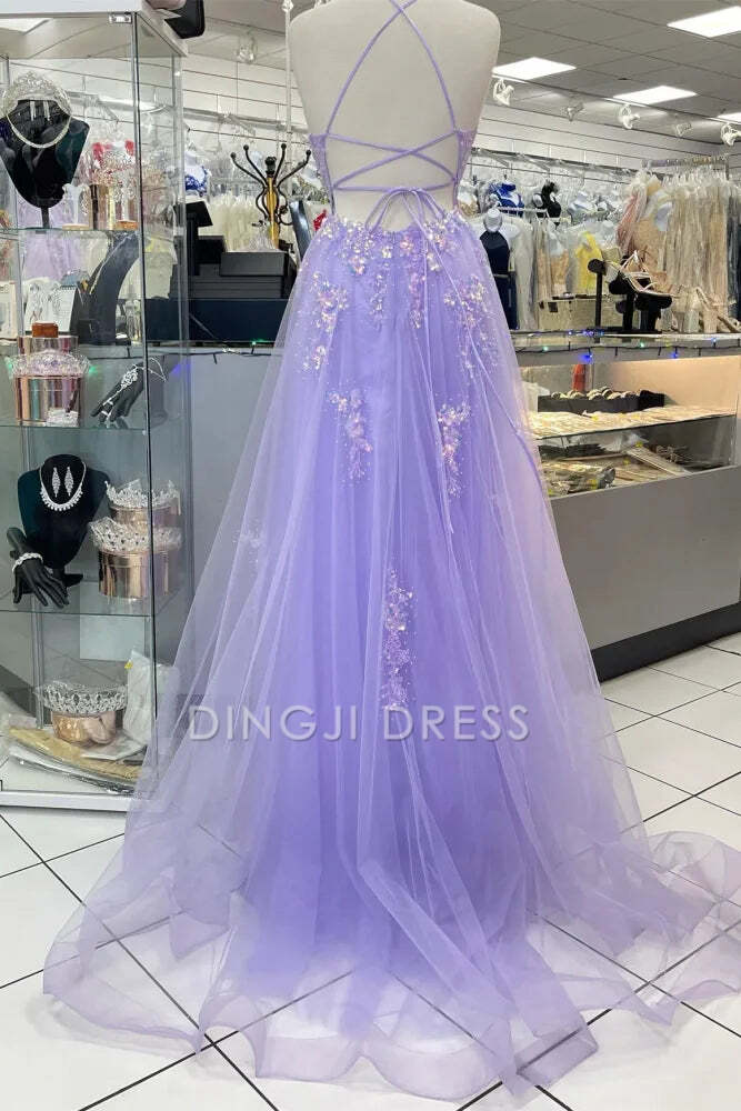 DingJiDress Formal Dress Elegant A-Line V-Neck Spaghetti Straps Backless Lace Up Appliques Tulle Charming Prom Dress