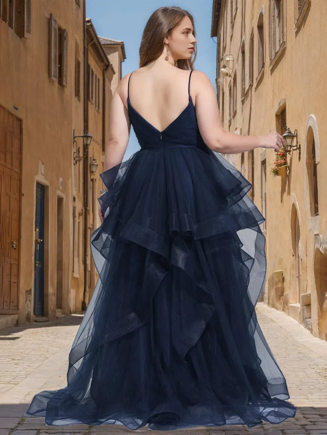 V-Neck Spaghetti Straps Sleeveless Floor-Length Plus Size Tulle Prom Evening Dresses with Split Side