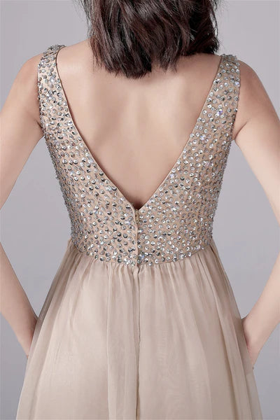 V-neck strap Sequined Floor Length Sleeveless Backless mother's dress