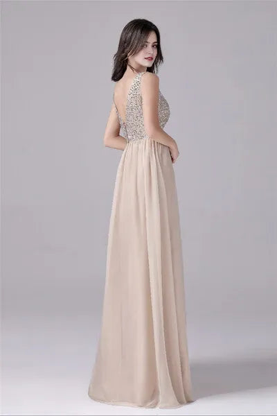 V-neck strap Sequined Floor Length Sleeveless Backless mother's dress
