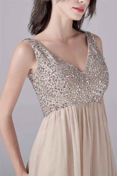 V-neck strap Sequined Floor Length Sleeveless Backless mother's dress