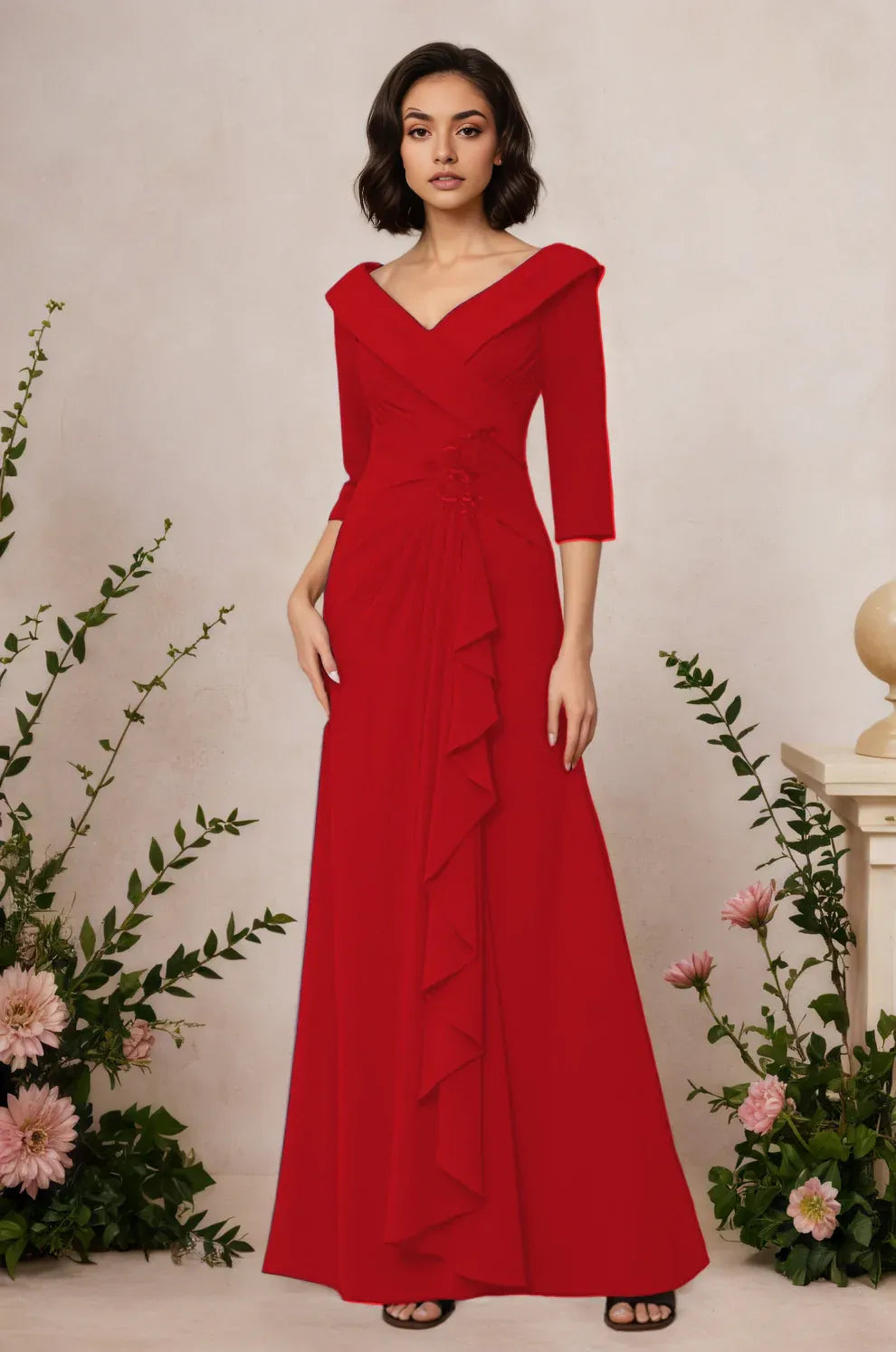 V Neck 3/4 Length Sleeves Floor Length Unique Mother Dresses