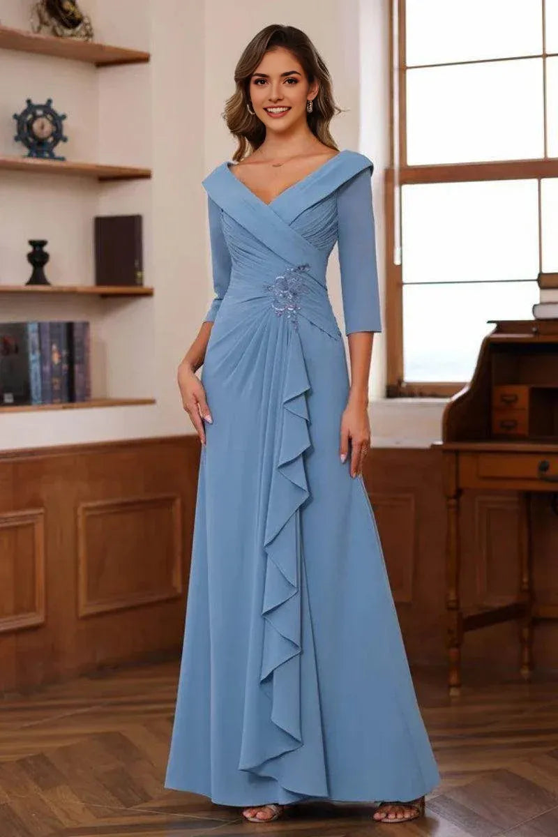 V Neck 3/4 Length Sleeves Floor Length Unique Mother Dresses