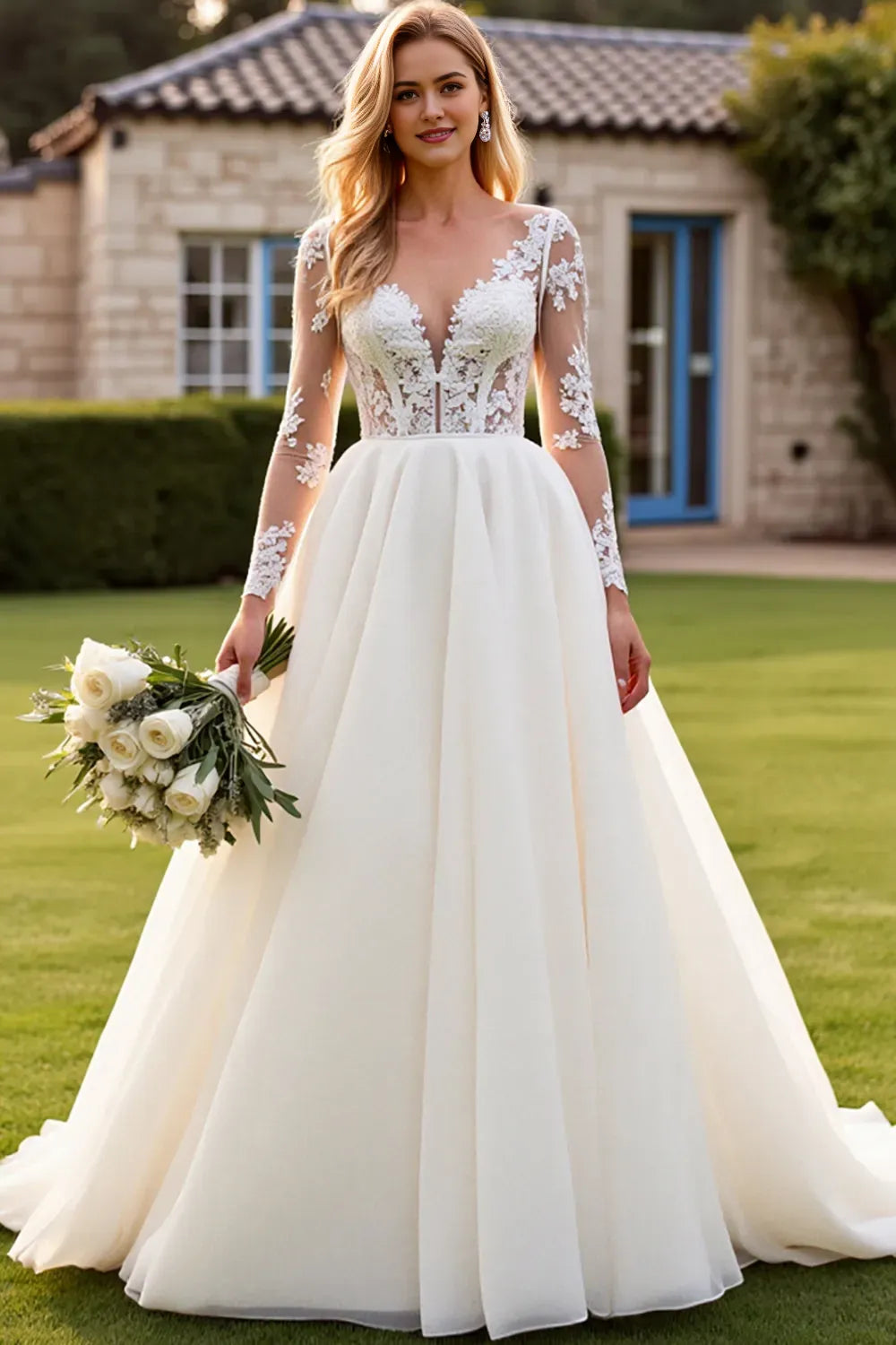 V Neck A Line Long Lace Wedding Dress with Sleeves
