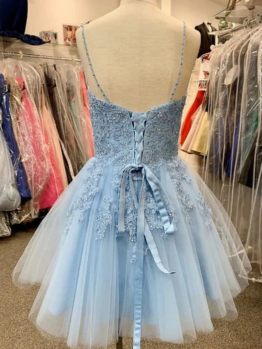V Neck Blue Lace Appliques Short Prom Homecoming Blue Lace Formal Graduation Evening