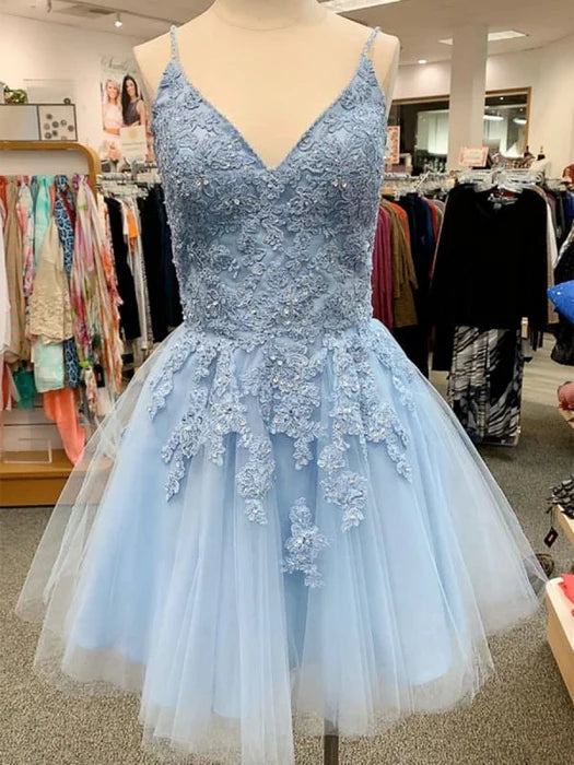 V Neck Blue Lace Appliques Short Prom Homecoming Blue Lace Formal Graduation Evening