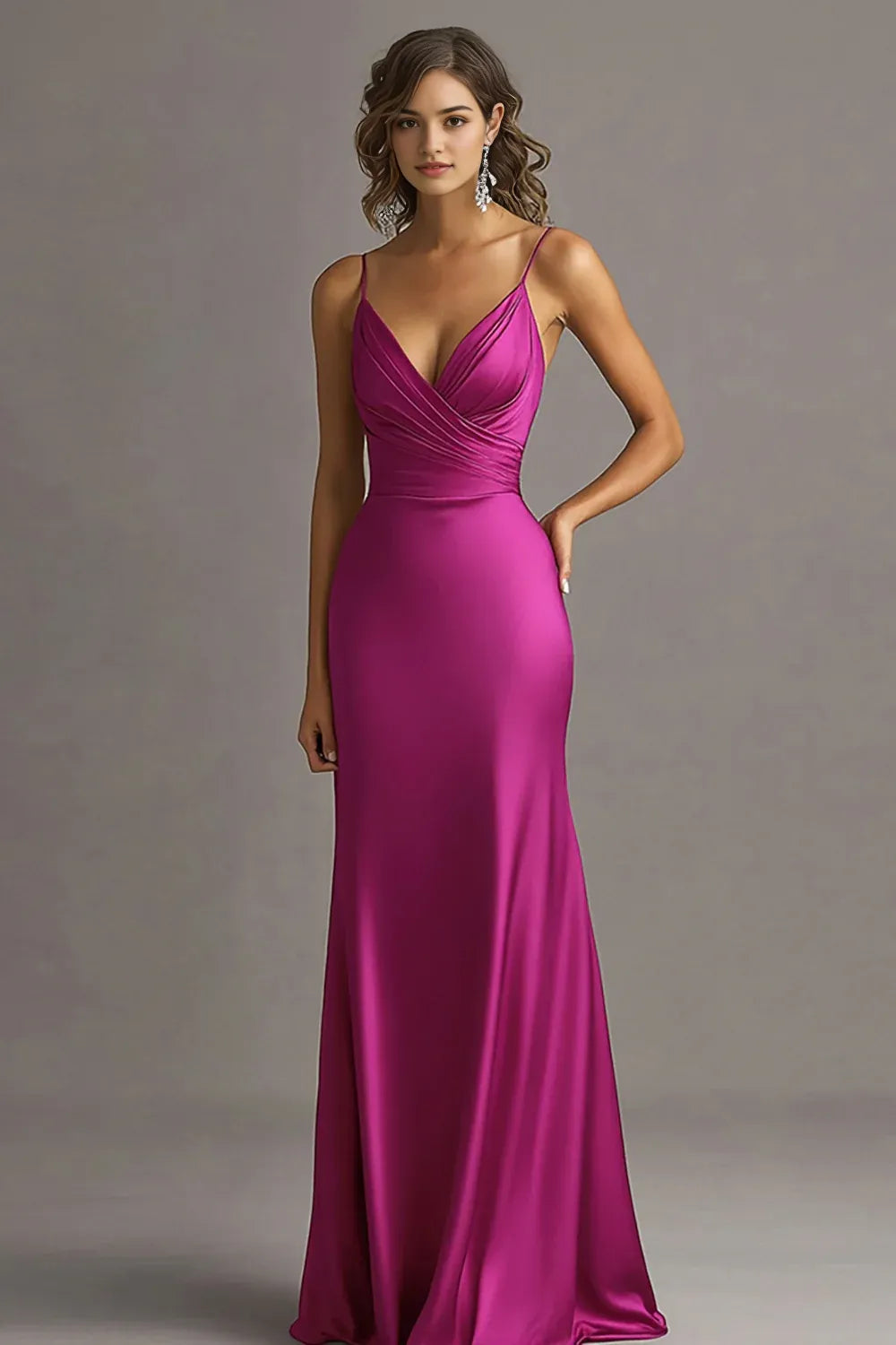 V Neck Sheath Ruched Long Evening Dress