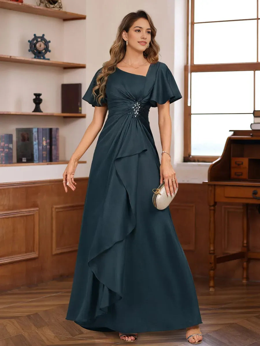 V Neck Short Sleeves Floor Length Luxurious Mother of the Bride Dresses with Beadings Sequins