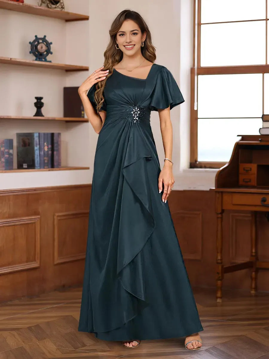 V Neck Short Sleeves Floor Length Luxurious Mother of the Bride Dresses with Beadings Sequins