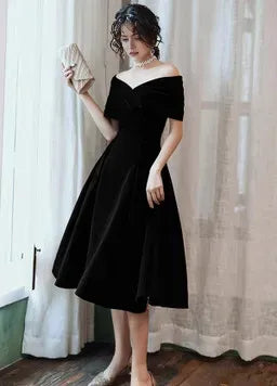 Velvet Tea Length Black Off Shoulder Party Dress Black Short  Party Dress