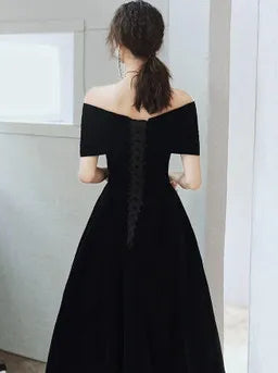 Velvet Tea Length Black Off Shoulder Party Dress Black Short  Party Dress