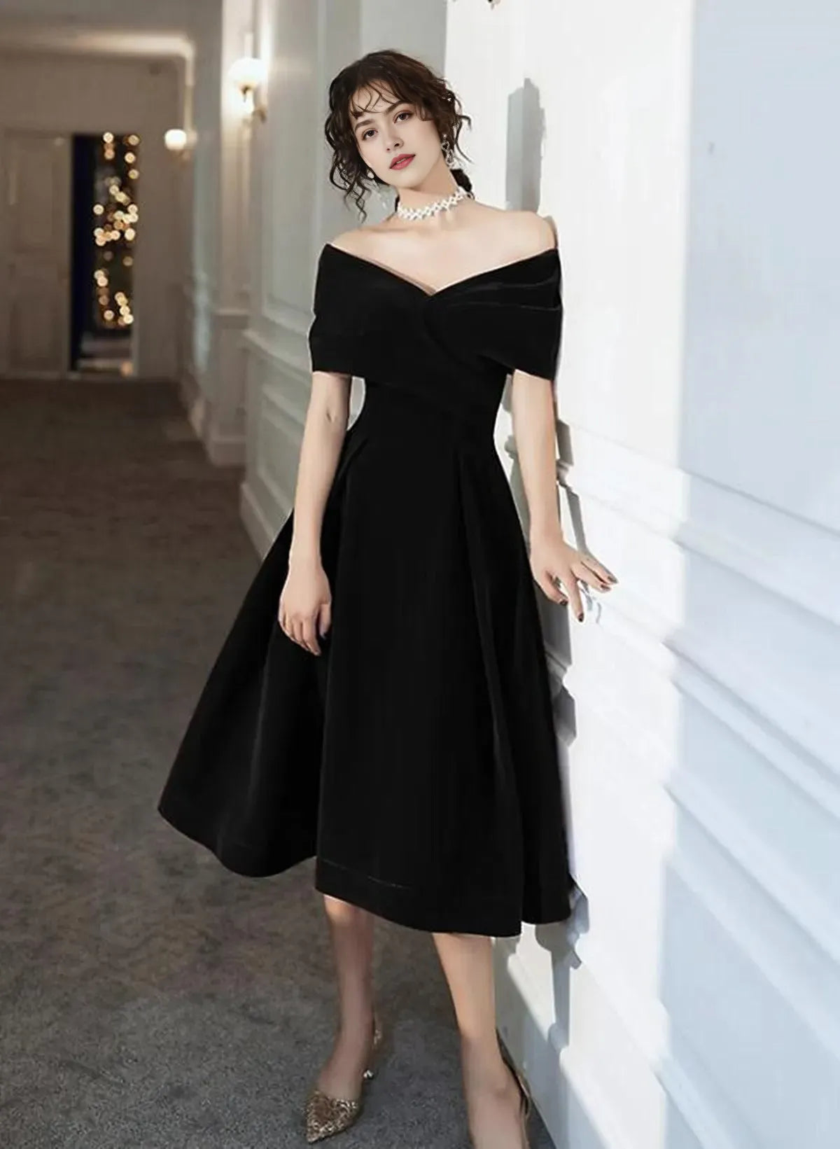 Velvet Tea Length Black Off Shoulder Party Dress Black Short  Party Dress