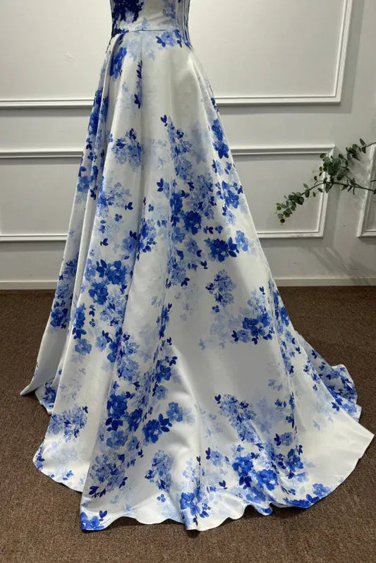Vibrant A-Line Sweetheart Neck Sleeveless Floral Blue & White Maxi Prom Dress for Women Ready to Ship
