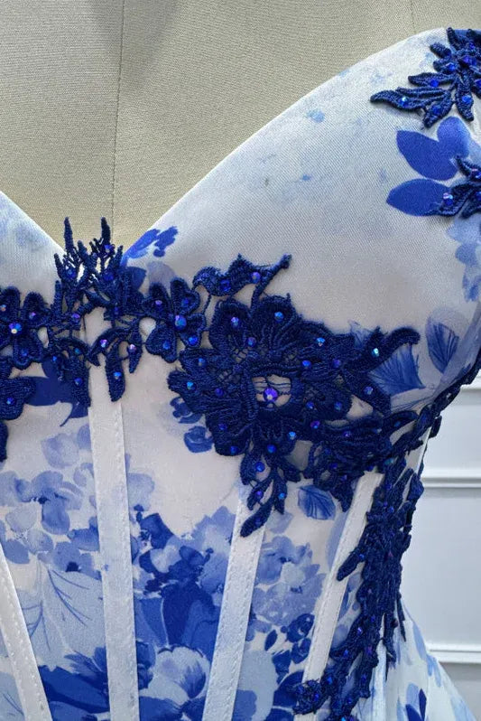 Vibrant A-Line Sweetheart Neck Sleeveless Floral Blue & White Maxi Prom Dress for Women Ready to Ship
