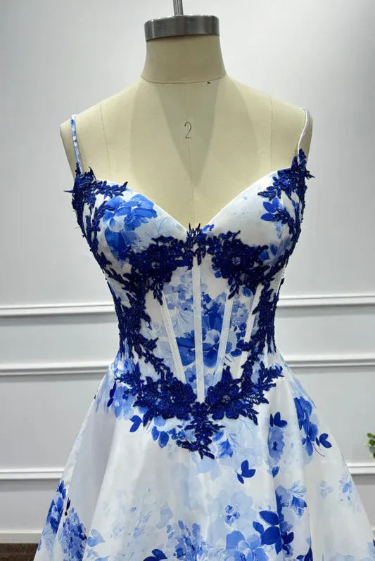 Vibrant A-Line Sweetheart Neck Sleeveless Floral Blue & White Maxi Prom Dress for Women Ready to Ship