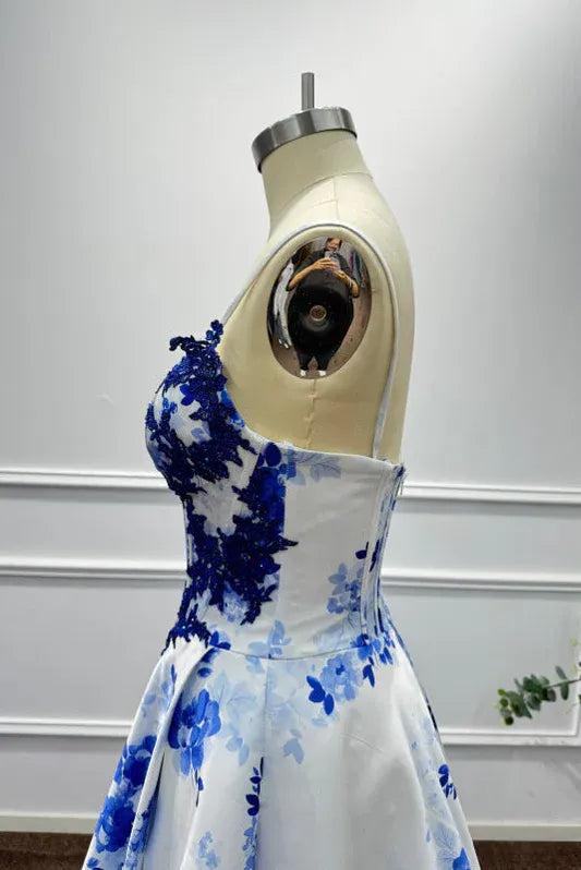 Vibrant A-Line Sweetheart Neck Sleeveless Floral Blue & White Maxi Prom Dress for Women Ready to Ship