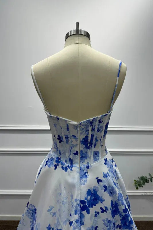 Vibrant A-Line Sweetheart Neck Sleeveless Floral Blue & White Maxi Prom Dress for Women Ready to Ship