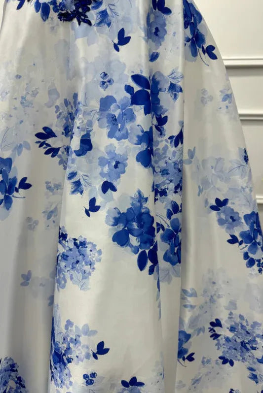 Vibrant A-Line Sweetheart Neck Sleeveless Floral Blue & White Maxi Prom Dress for Women Ready to Ship