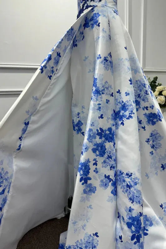 Vibrant A-Line Sweetheart Neck Sleeveless Floral Blue & White Maxi Prom Dress for Women Ready to Ship