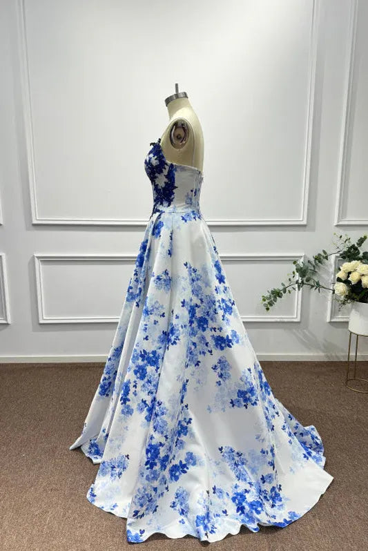 Vibrant A-Line Sweetheart Neck Sleeveless Floral Blue & White Maxi Prom Dress for Women Ready to Ship