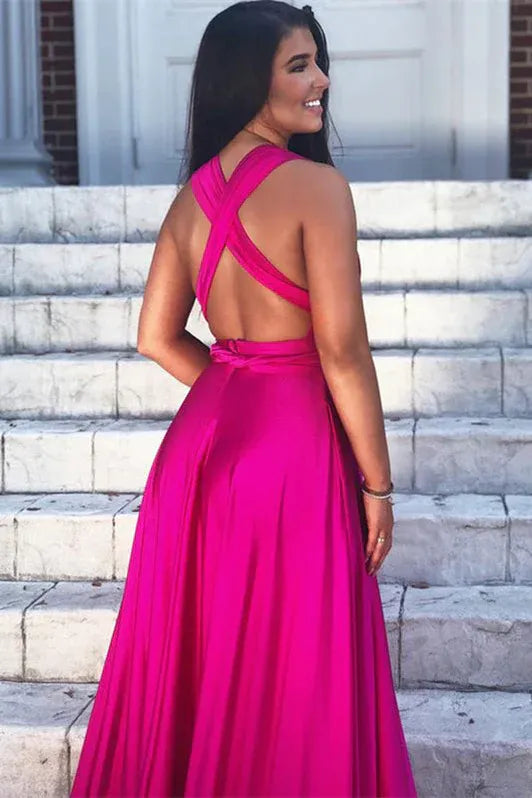 Vibrant A-line Deep V Neck Hot Pink Slit Floor Prom Dress For Sale