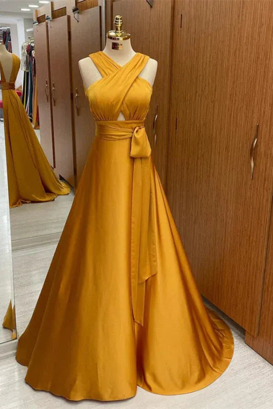 Vibrant A-line V-neck Sleeveless Cutout Mustard Yellow Floor-length Prom Dress for Women Ready to Ship