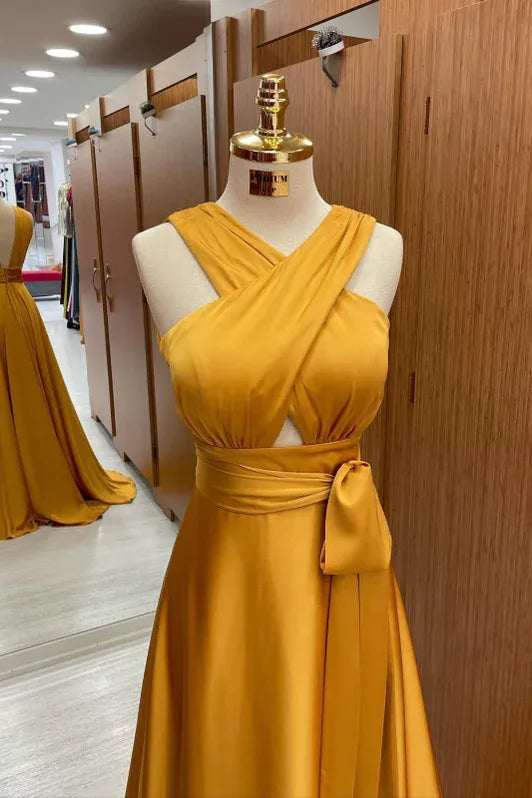 Vibrant A-line V-neck Sleeveless Cutout Mustard Yellow Floor-length Prom Dress for Women Ready to Ship