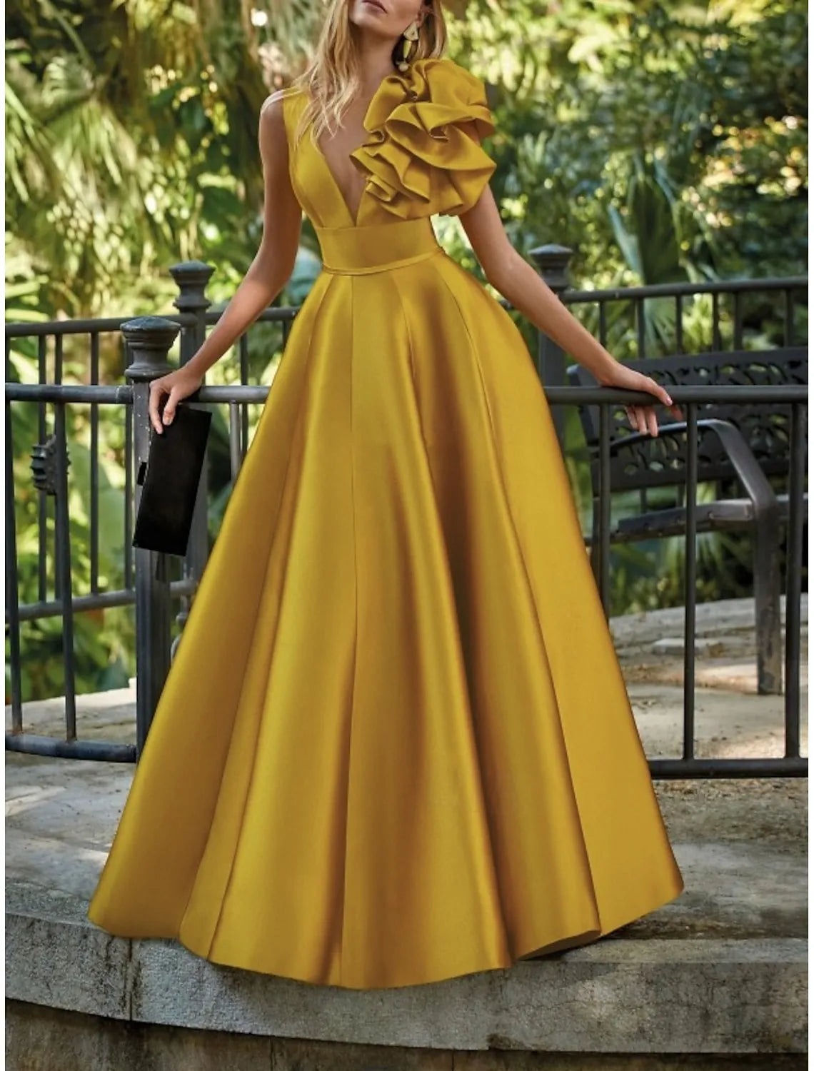Vibrant A-line V-Neck Sleeveless Ruffled Mustard Yellow Floor-Length Prom Dress For Women