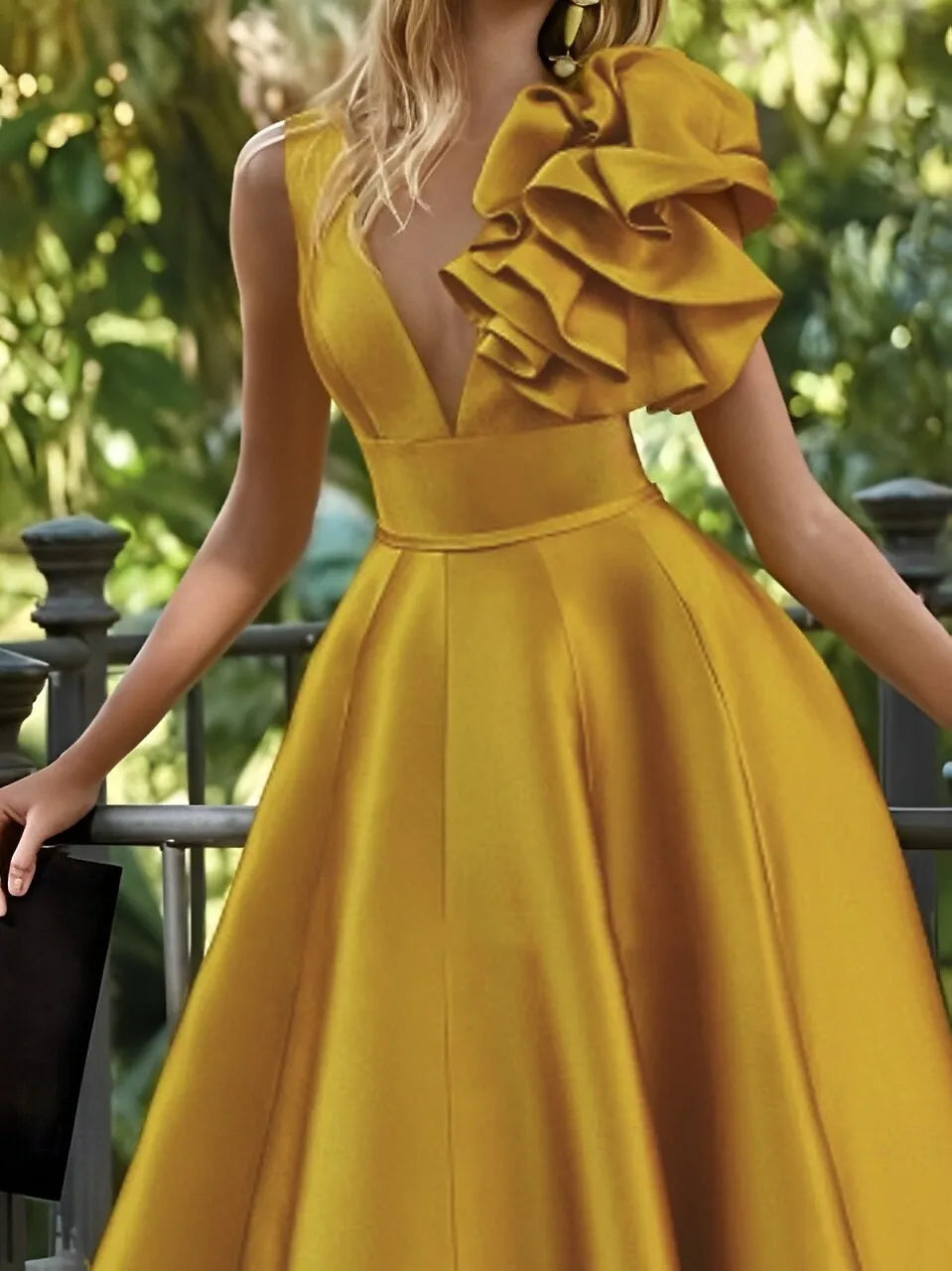 Vibrant A-line V-Neck Sleeveless Ruffled Mustard Yellow Floor-Length Prom Dress For Women