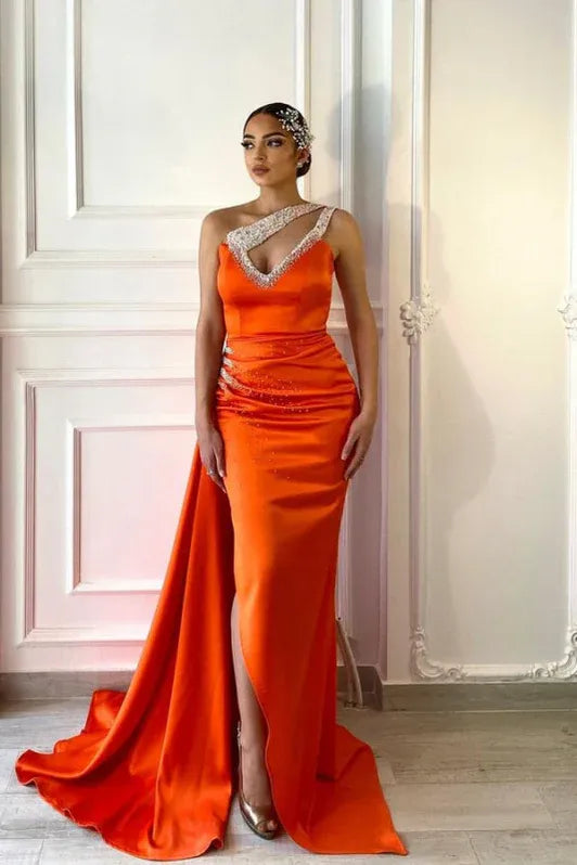 Vibrant Mermaid One-shoulder Sleeveless Beaded Orange Floor-length Prom Dress for Women Ready to Ship