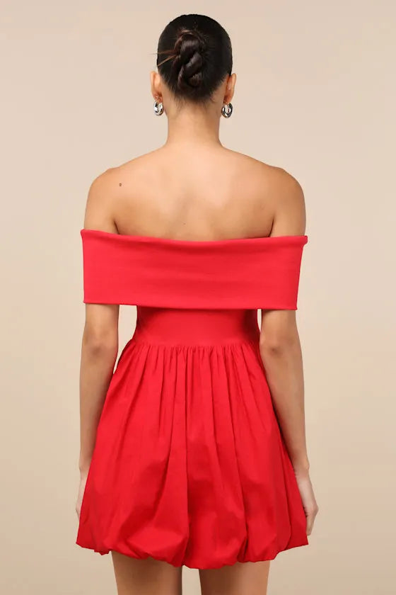 Vibrant Red Off - Shoulder Homecoming Dress Puff Skirt  Flattering Neckline  Be the Sweetheart of Your School Dance