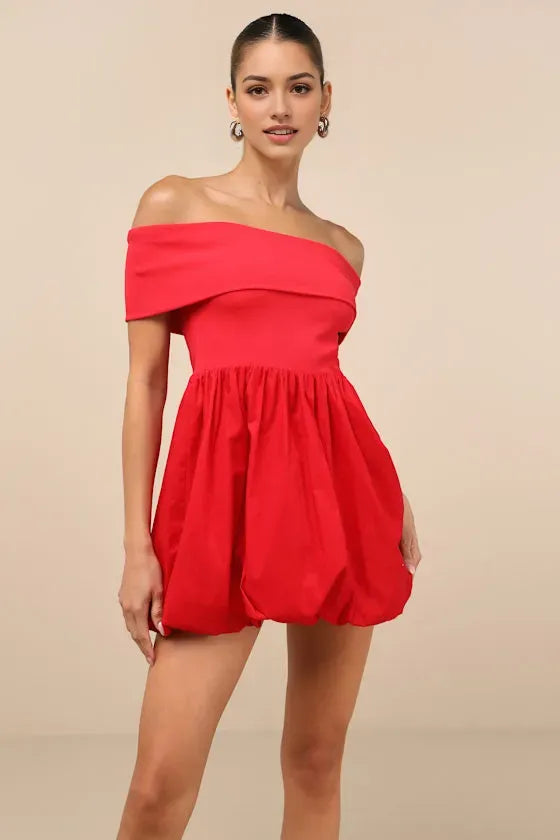 Vibrant Red Off - Shoulder Homecoming Dress Puff Skirt  Flattering Neckline  Be the Sweetheart of Your School Dance